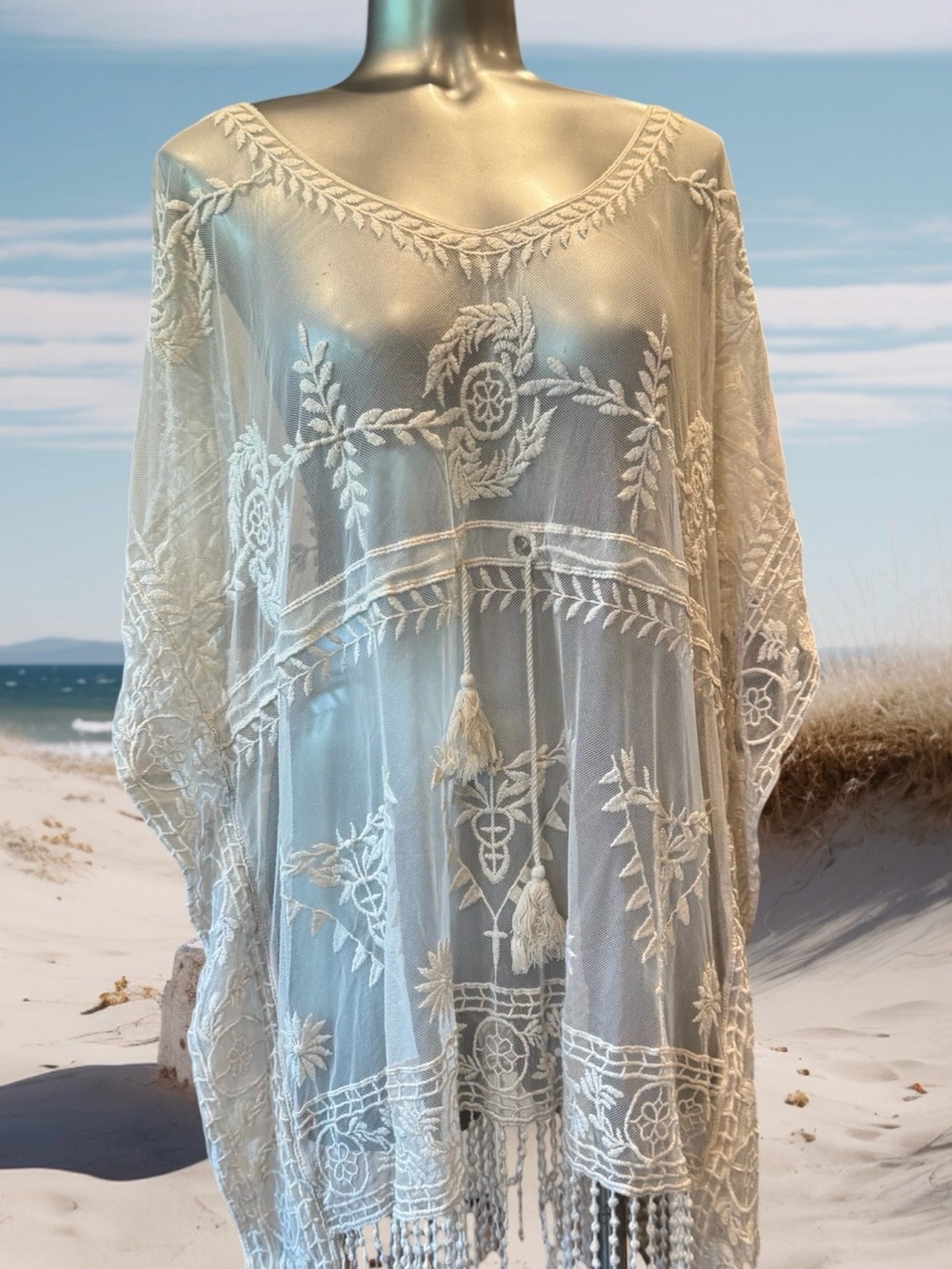 Rachel Zoe Cream Embroidered Sheer Coverup